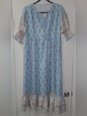 Light Blue Boho Maxi Dress with Tassel Tie